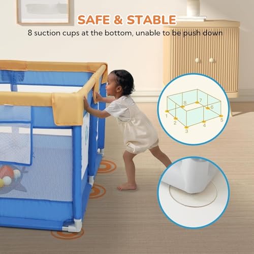 Dawnwake 120x120 cm Playpen for Baby up to 3 Years with Safety Lock & Anti-Fall Grasp Rings (No Ball/No Mat, Non-Foldable) - Blue - Image 5