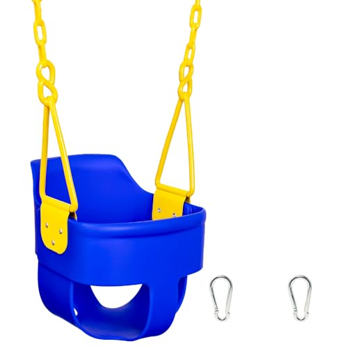 Squirrel Products Premium High Back Full Bucket Toddler Swing Seat with Finger Grip Plastic Coated Chains and Carabiners for Easy Install  Blue  Squirrel Products - Image 1