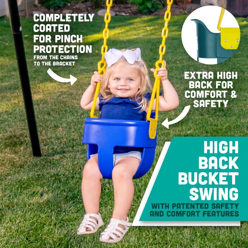 Squirrel Products Premium High Back Full Bucket Toddler Swing Seat with Finger Grip Plastic Coated Chains and Carabiners for Easy Install  Blue  Squirrel Products - Image 3