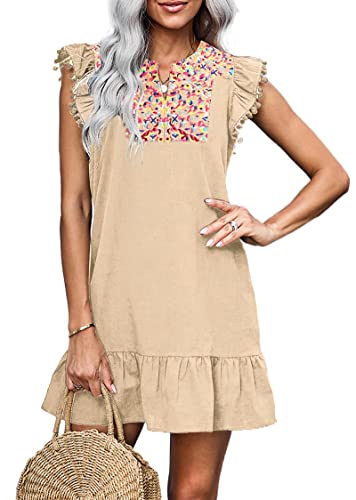 KIRUNDO Women's 2025 Summer Mini Dress Casual V Neck Floral Embroidered Ruffle Sleeveless Shift Flowy Boho Dress (B-Apricot, Medium) - Image 1