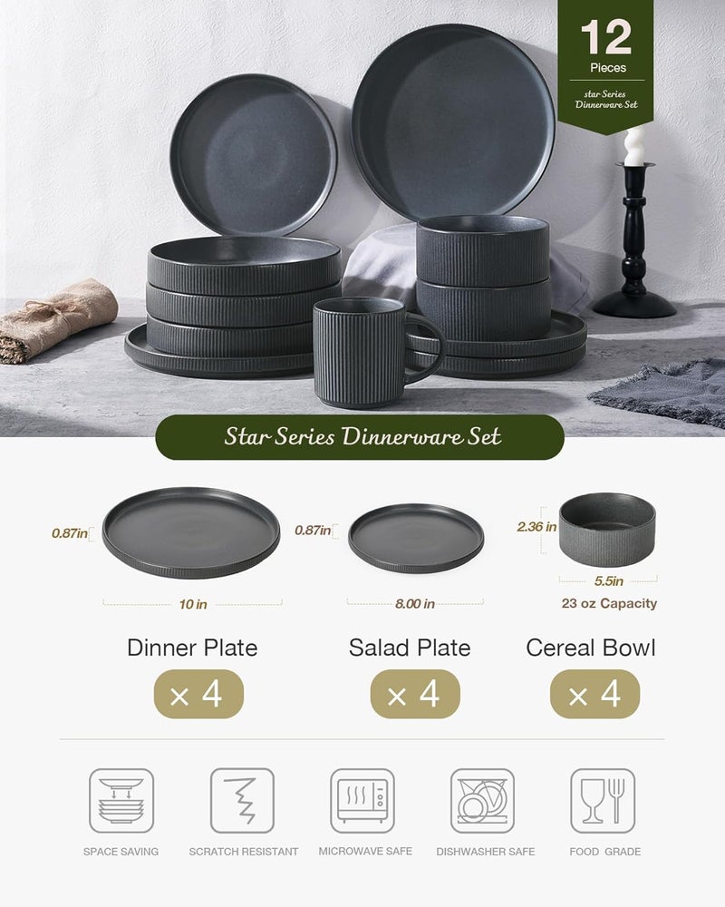 Famiware Star Dinnerware Set for 4 - 12 Pieces, Matte Dark Charcoal, Chip and Scratch Resistant - Image 3