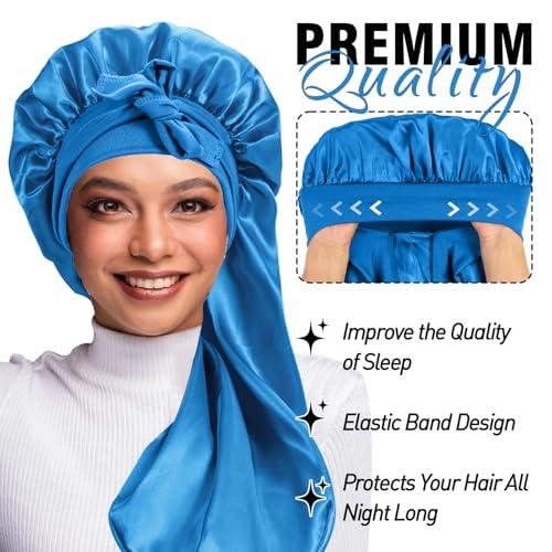 WOZUTUNT 2Pcs Bonnets for Black Women Braid Bonnet Large Long Satin Silk Bonnet for BraidsBlack Women Braid Bonnet with Stretchy Tie Band for Sleeping Extra Long BluePrinting Flower Purple - Image 3