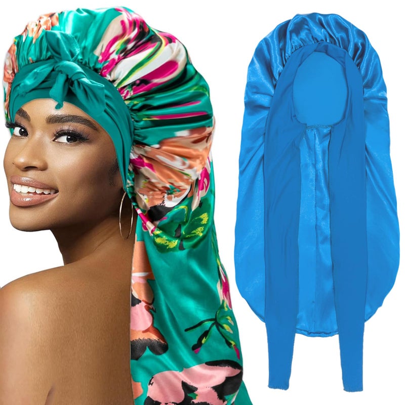 WOZUTUNT 2Pcs Bonnets for Black Women Braid Bonnet Large Long Satin Silk Bonnet for BraidsBlack Women Braid Bonnet with Stretchy Tie Band for Sleeping Extra Long BluePrinting Flower Purple - Image 2