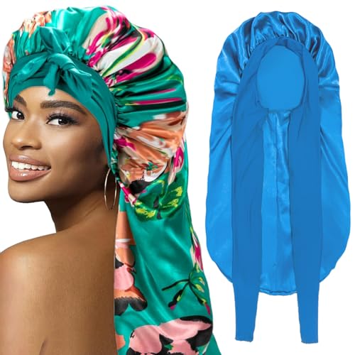 WOZUTUNT 2Pcs Bonnets for Black Women Braid Bonnet Large Long Satin Silk Bonnet for BraidsBlack Women Braid Bonnet with Stretchy Tie Band for Sleeping Extra Long BluePrinting Flower Purple - Image 1