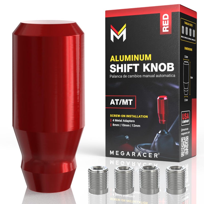 Mega Racer Premium Racing Red Shift Knob - 4 Metal Threaded Adapters, 4 5 6 Speed Manual & Buttonless Automatic Transmission, Aluminum Car Gear Stick Shifter Knobs, (M8, M10x1.25/1.5, M12x1.25), Cool JDM Style - Image 1