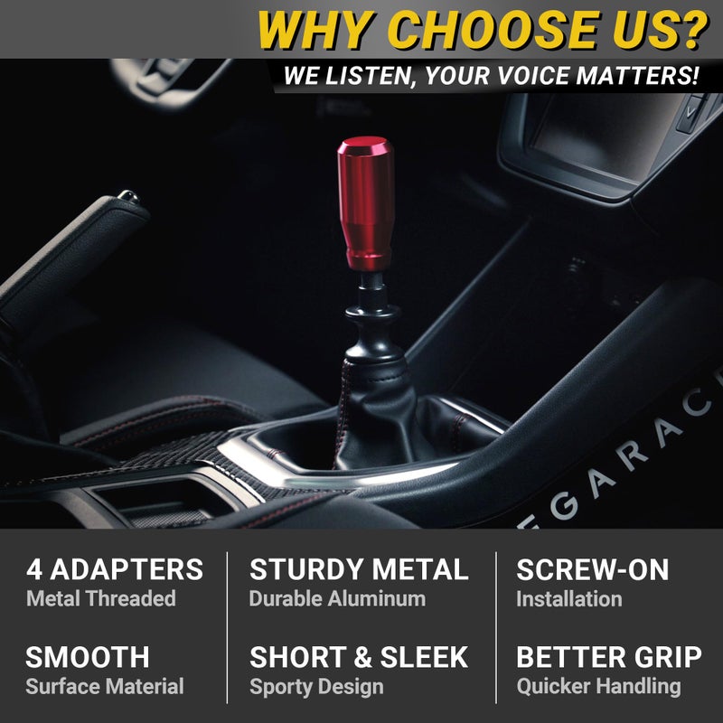 Mega Racer Premium Racing Red Shift Knob - 4 Metal Threaded Adapters, 4 5 6 Speed Manual & Buttonless Automatic Transmission, Aluminum Car Gear Stick Shifter Knobs, (M8, M10x1.25/1.5, M12x1.25), Cool JDM Style - Image 4