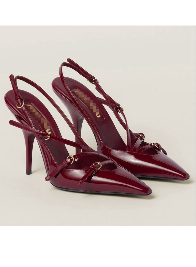 Loquat Women's Closed Square Toe High Heels With Adjustable Ankle Strap Stiletto Pumps Wine Red 9 CM 