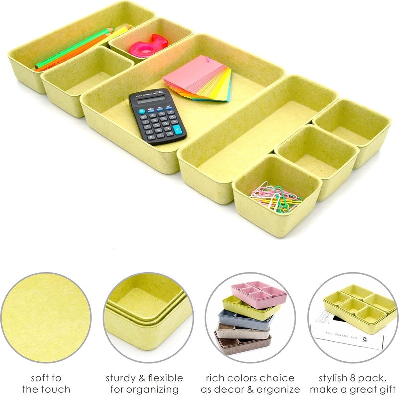 Welaxy Drawer organizers trays Felt storage bin home office Desk Minimalist Lifestyle Natural Shallow Box 8-Piece holiday gift solution (Linden green) - Image 5