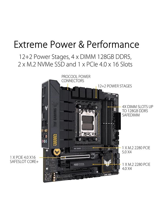 ASUS TUF Gaming B650M-Plus Wifi DDR5 Micro ATX Motherboard, AMD Socket AM5, B650 Chipset, 2.5Gb Ethernet, Bluetooth, WiFi 6E 5GHz, Max 128GB 4xDIMM Memory, PCIe 4.0x16, 2xM.2 Slot Black - Image 2