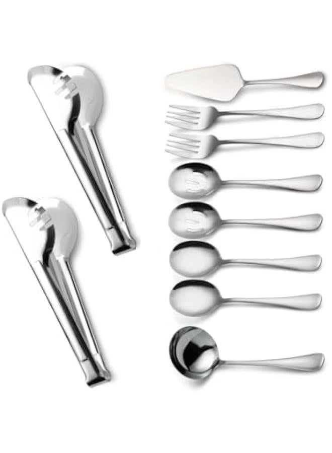 HOOKOR 10Pcs Premium Stainless Steel Flatware Set,Mirror Polished Cutlery Utensil Set,Dishwasher Safe Silver Serving Utensil Set - Includes Spoons, Forks, Tongs, Ladle, and Pie Server - Image 1