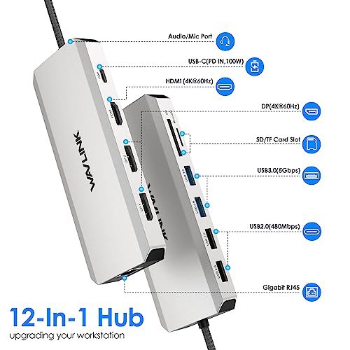 WAVLINK USB C Hub Triple Monitor, 12-in-1 Laptop Docking Station, Multiport Adapter with 4K HDMI, Dual 4K DP, 100W PD in, 5Gbps USB3.0, USB2.0, RJ45, SD/TF Slots, Audio/Mic - Image 2