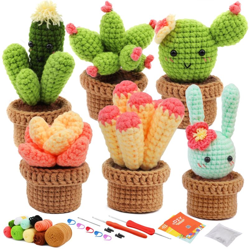 Crochet Kits: 10-Color Yarn, 2 Hook Types, Complete Supplies - Beginner-Friendly Instructions, 6 Succulent Patterns for Home Decor, Craft Beginners - Image 1