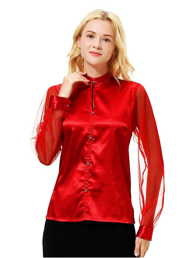 إسكدنيا - Women's Solid Color Imitated Silk Fabric Long Sleeve Blouse Shirt Red - Image 1