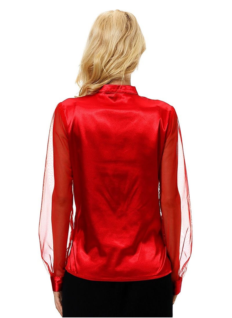إسكدنيا - Women's Solid Color Imitated Silk Fabric Long Sleeve Blouse Shirt Red - Image 1