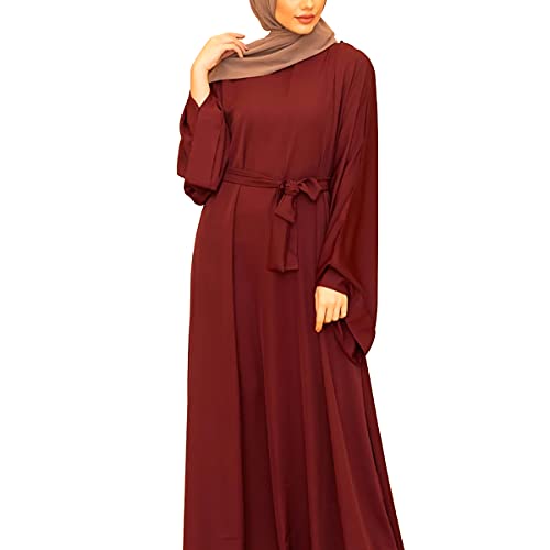 QYUU Women's Muslim Kaftan Abaya Dress Long Sleeve Self Tie Maxi Dress Middle East Arabian Robe Gown (5163-Wine Red, Medium), QY-M1-5163 - Image 3