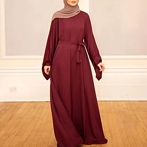 QYUU Women's Muslim Kaftan Abaya Dress Long Sleeve Self Tie Maxi Dress Middle East Arabian Robe Gown (5163-Wine Red, Medium), QY-M1-5163 - Image 4