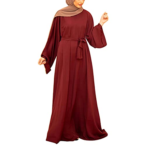 QYUU Women's Muslim Kaftan Abaya Dress Long Sleeve Self Tie Maxi Dress Middle East Arabian Robe Gown (5163-Wine Red, Medium), QY-M1-5163 - Image 1
