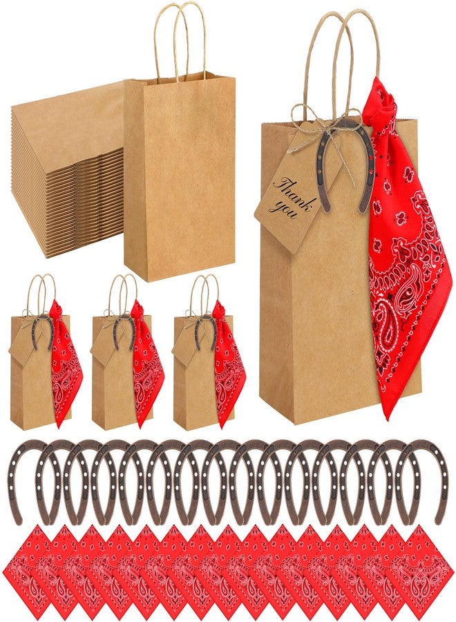 Skicuff مجموعة سكيكوف من 24 كيس هدايا ورقي بتصميم رعاة البقر الغربي، مثالية لحفلات الزفاف، أكياس حلوى مزينة برموز حدوات الخيل لجلب الحظ، وبطاقات كرافت حمراء على شكل منديل، لتوزيعات حفلات الزفاف الريفية ذات الطابع الغربي. - Image 1
