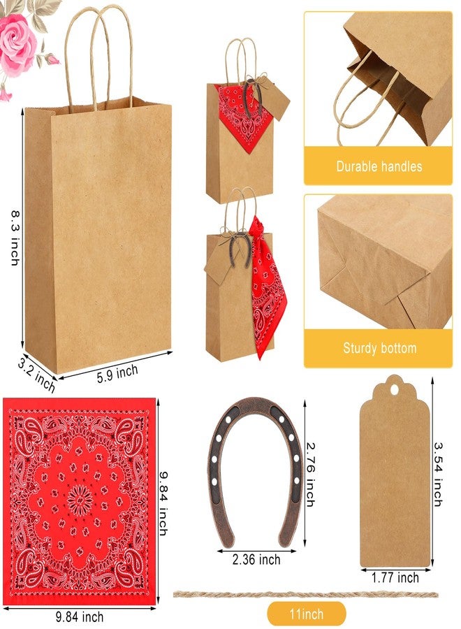 Skicuff مجموعة سكيكوف من 24 كيس هدايا ورقي بتصميم رعاة البقر الغربي، مثالية لحفلات الزفاف، أكياس حلوى مزينة برموز حدوات الخيل لجلب الحظ، وبطاقات كرافت حمراء على شكل منديل، لتوزيعات حفلات الزفاف الريفية ذات الطابع الغربي. - Image 2