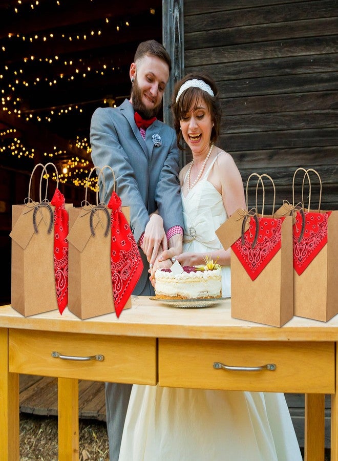 Skicuff مجموعة سكيكوف من 24 كيس هدايا ورقي بتصميم رعاة البقر الغربي، مثالية لحفلات الزفاف، أكياس حلوى مزينة برموز حدوات الخيل لجلب الحظ، وبطاقات كرافت حمراء على شكل منديل، لتوزيعات حفلات الزفاف الريفية ذات الطابع الغربي. - Image 5