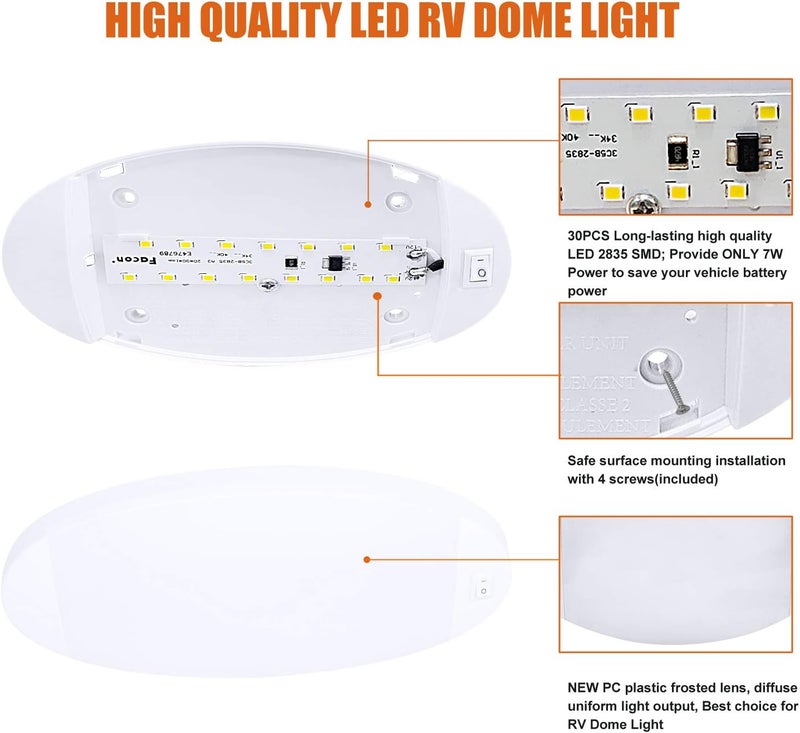 FACON 2Packs 12V LED RV Dome Light with Switch, Length: 9-1/4'', DDS01-608-CW, Large Oval Pancake Interior Lighting Fixture for RV Motorhomes Camper Caravan Trailer Boat - Image 2