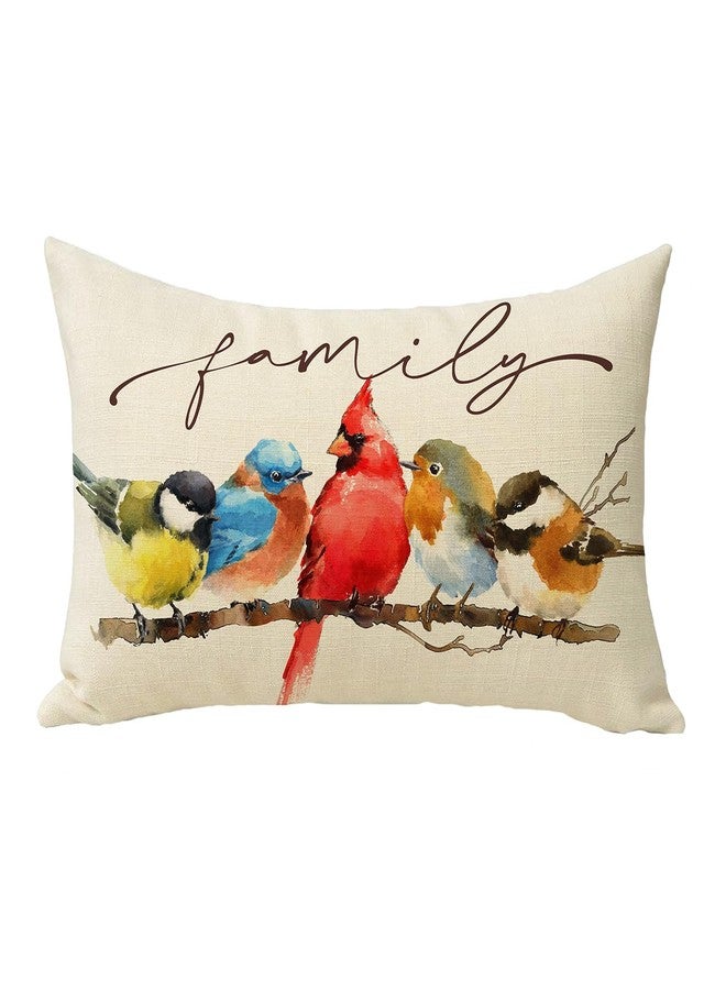 Fjfz Family Birds Cardinal Lumbar Decorative Throw Pillow Cover 12 x 20, Rectangular Watercolor Red Bird Bluebird Robin Outdoor Home Decor, Goldfinch Chickadee Branch Couch Cushion Case - Image 1