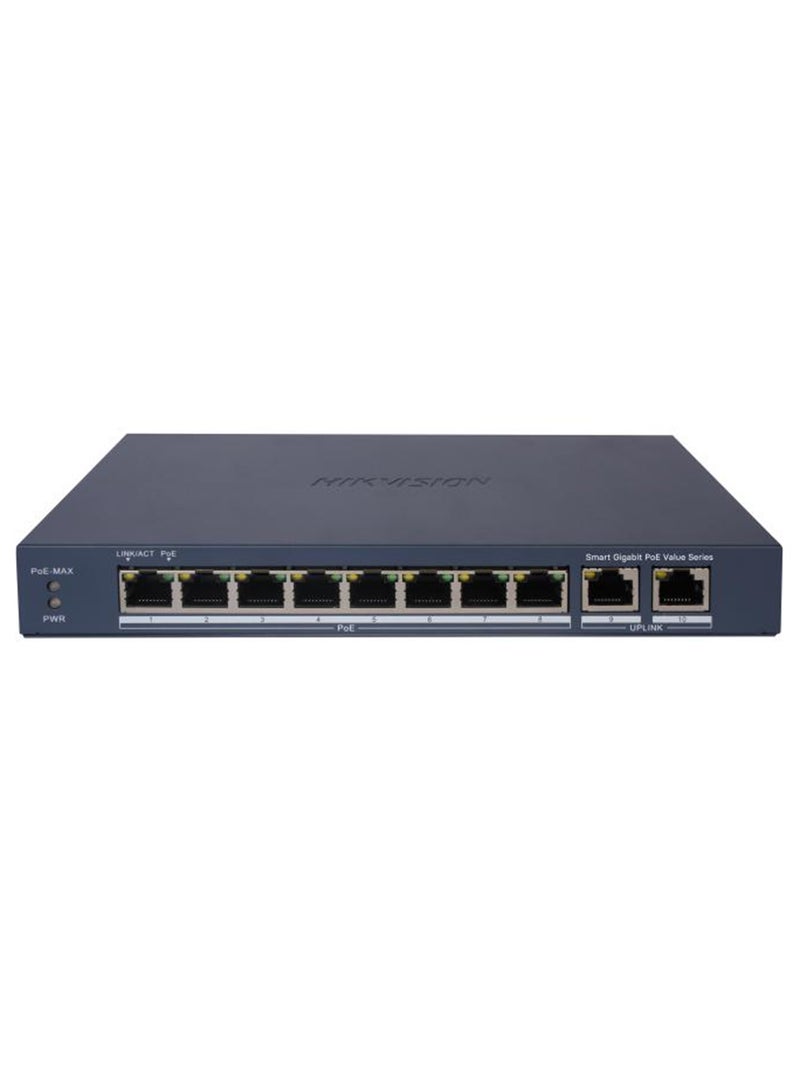 DS-3E1510P-EI/M مفتاح POE ذكي 8 منافذ جيجابت، 8 منفذ جيجابت POE، 2 منفذ RJ45 جيجابت، 60 واط، نطاق نقل POE يصل إلى 300 م، حماية من الارتفاعات الكهربائية 6KV
