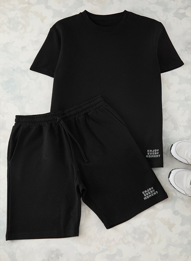 trendyol Black Regular Fit Waffle Knitted Shorts Pajama Set TMNSS23PT00032 - Image 5