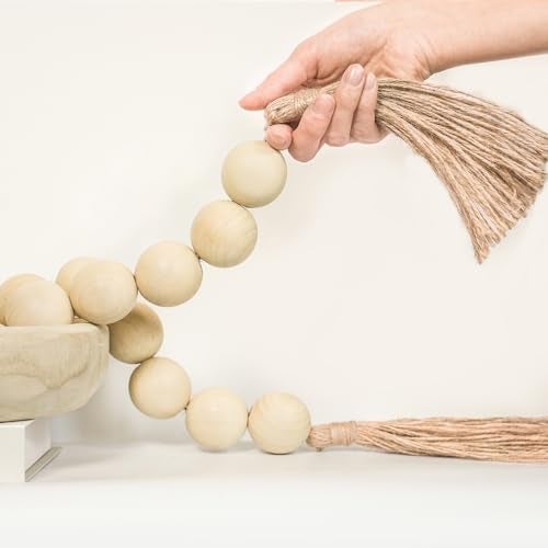 RUIRUICO Extra Large Wood Bead Garland with 1.6" Diameter Wood Beads, Wooden Beads Garland with Tassels, Decorative Beads, Farmhouse Beads Home Decor (Nature Beige, 41 Inches) - Image 1