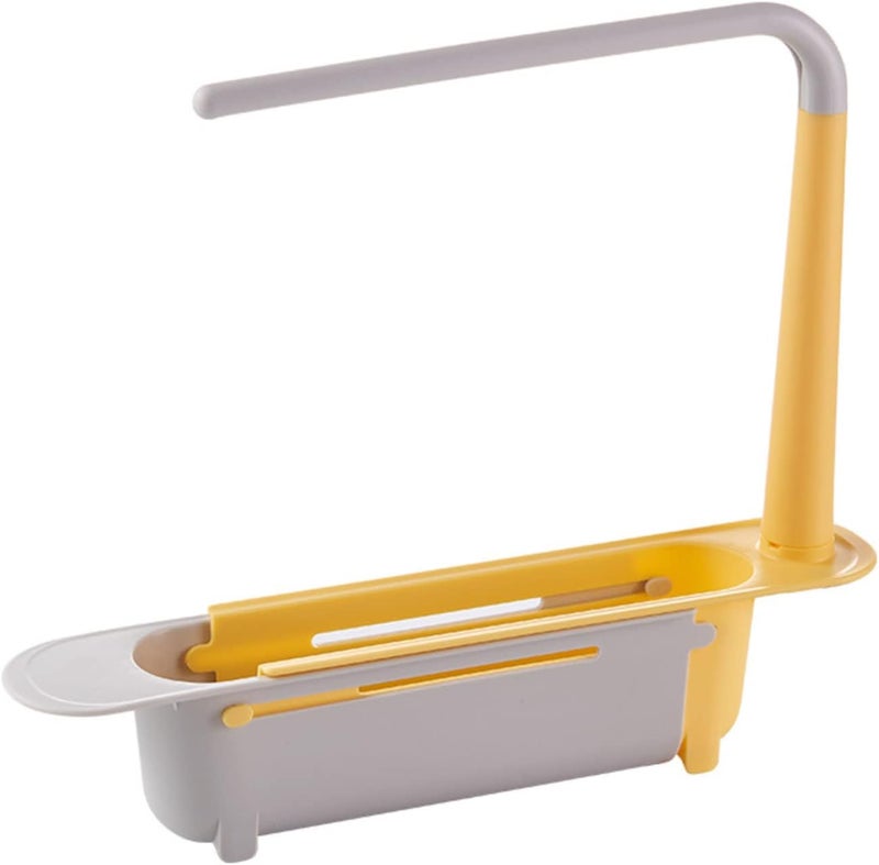 comfrt Updated Telescopic Sink Storage Rack, Adjustable Length Drainer Telescopic 2 In 1 Sink Storage Rack Holder, Storage Sponge Soap Holder with Dishcloth Hanger Expandable Storage Drain Basket (Yellow) - Image 1