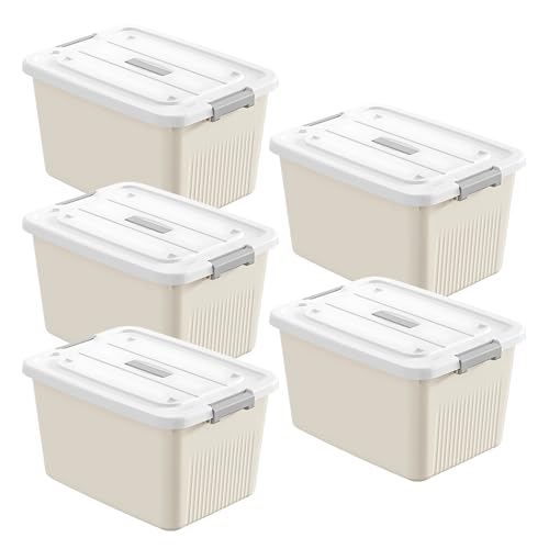 KREPS® Plastic Storage Box/Bins, Color : Cream, Container with Lock and Lid, Stackable, Heavy Duty Material, Available in Multiple Size and Sets. (Pack of : 5, LARGE: 14.5 X 10.5 X 8.2 INCH) - Image 1