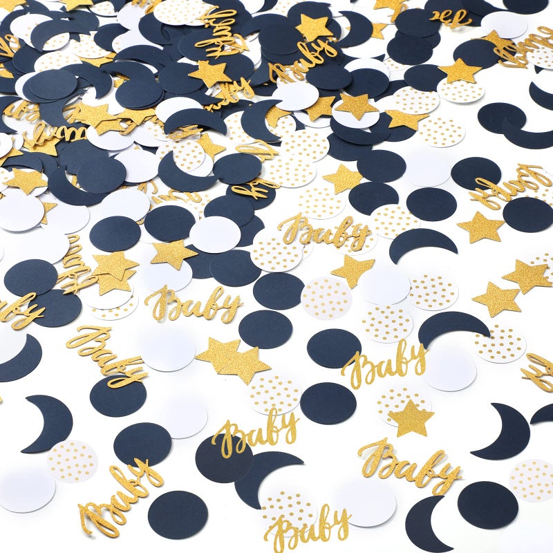 Minatee 400 Pcs Navy Blue Baby Shower Confetti Moon and Star Baby Shower Decorations Eid Ramadan Mubarak Decoration Gold White Star Moon Confetti Scatter for Gender Reveal Decor - Image 1
