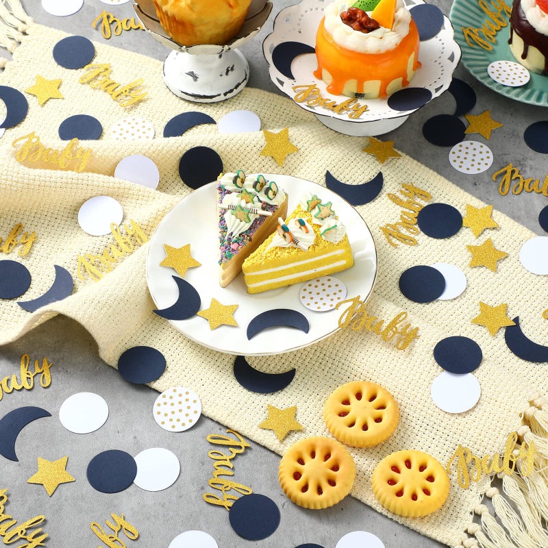 Minatee 400 Pcs Navy Blue Baby Shower Confetti Moon and Star Baby Shower Decorations Eid Ramadan Mubarak Decoration Gold White Star Moon Confetti Scatter for Gender Reveal Decor - Image 3