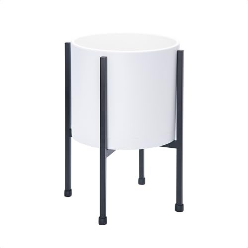 D'vine Dev 8 Inch White Planter Pot with Stand – Modern Plastic Cylinder Flower Pot with Heavy-Duty Metal Stand for Indoor Plants, 55-D-A-1 - Image 1