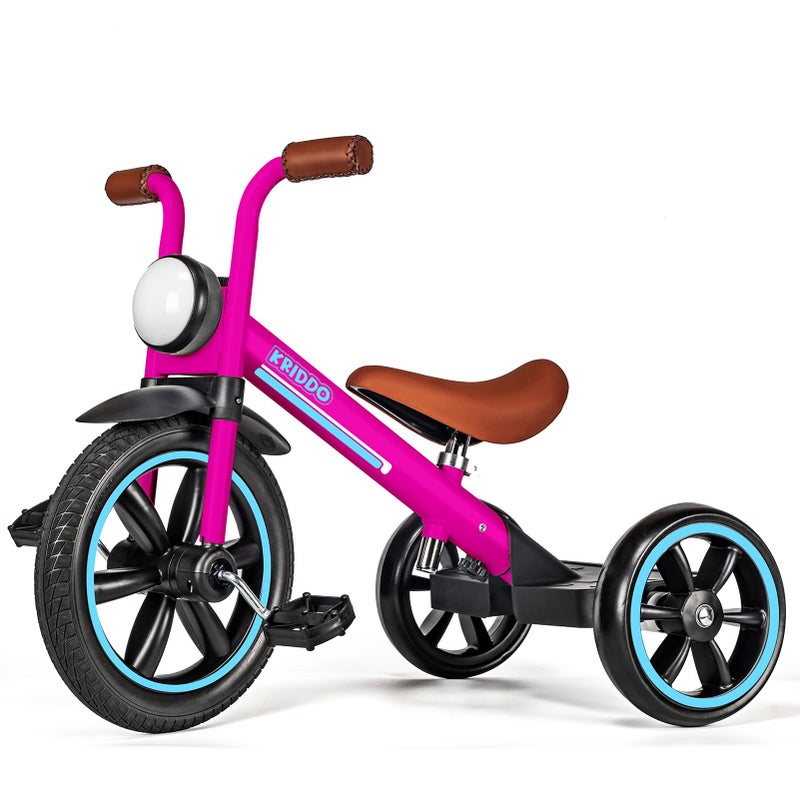 KRIDDO Kids Tricycle, 12 Inch Puncture Free Rubber Wheel w Front Light, Adjustable Seat Height, Gift for 2-5 Year Olds, Pink - Image 1