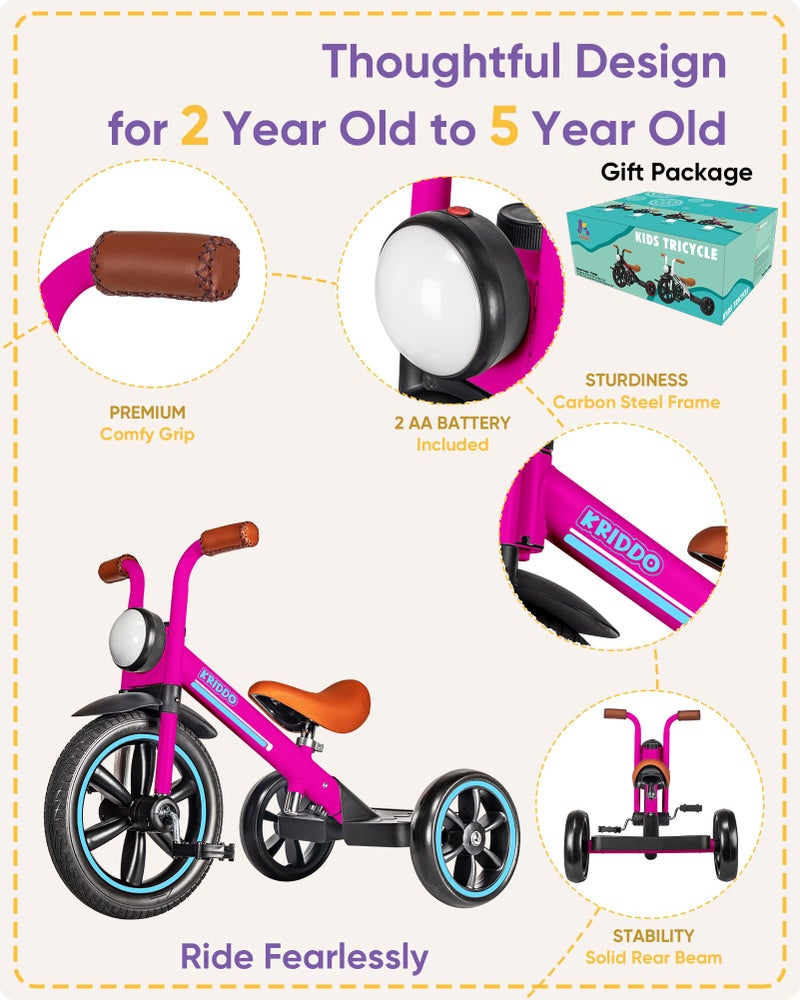 KRIDDO Kids Tricycle, 12 Inch Puncture Free Rubber Wheel w Front Light, Adjustable Seat Height, Gift for 2-5 Year Olds, Pink - Image 4