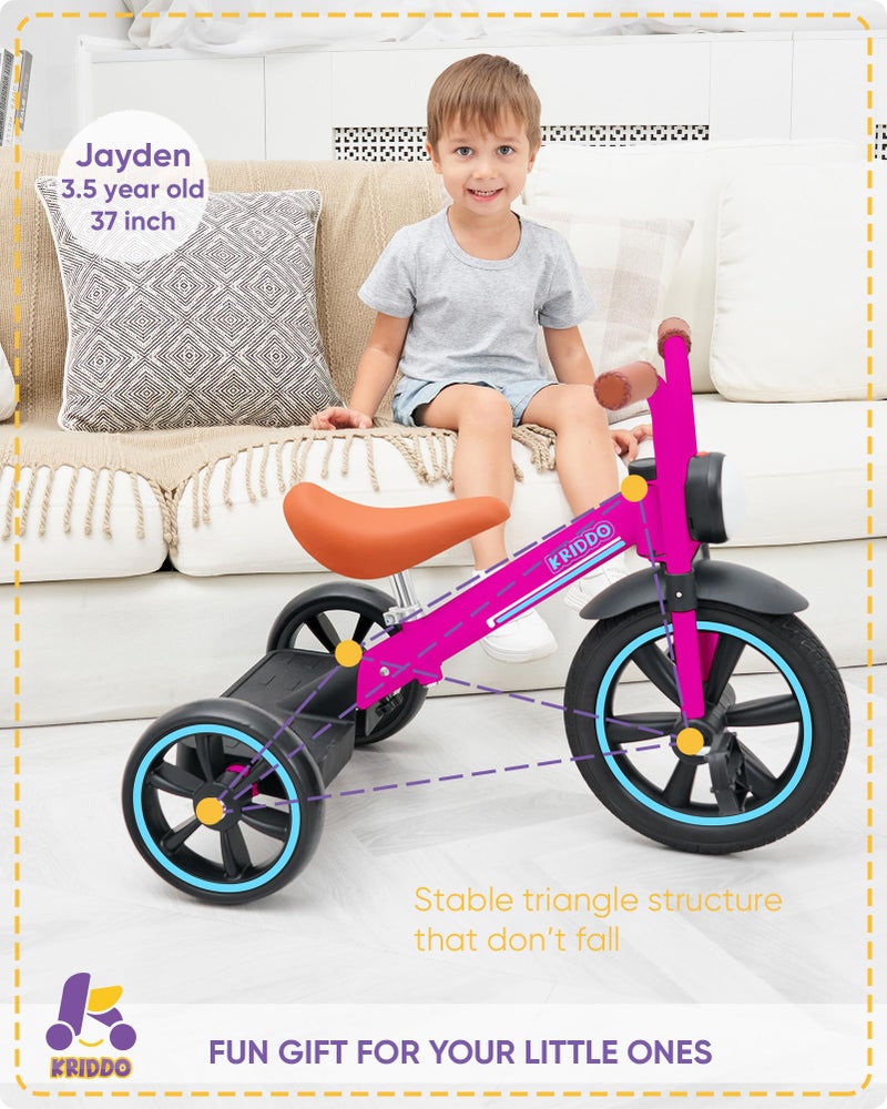 KRIDDO Kids Tricycle, 12 Inch Puncture Free Rubber Wheel w Front Light, Adjustable Seat Height, Gift for 2-5 Year Olds, Pink - Image 3