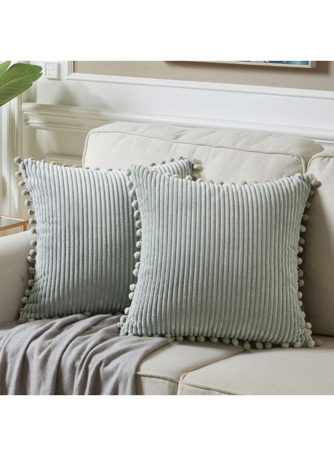 Pack of 2 Farmhouse Decorative Corduroy Throw Pillow Covers with Pom-poms, 18x18 Inch (45x45 cm), Grey - Image 1
