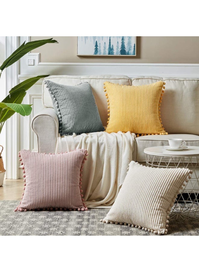 Pack of 2 Farmhouse Decorative Corduroy Throw Pillow Covers with Pom-poms, 18x18 Inch (45x45 cm), Grey - Image 2