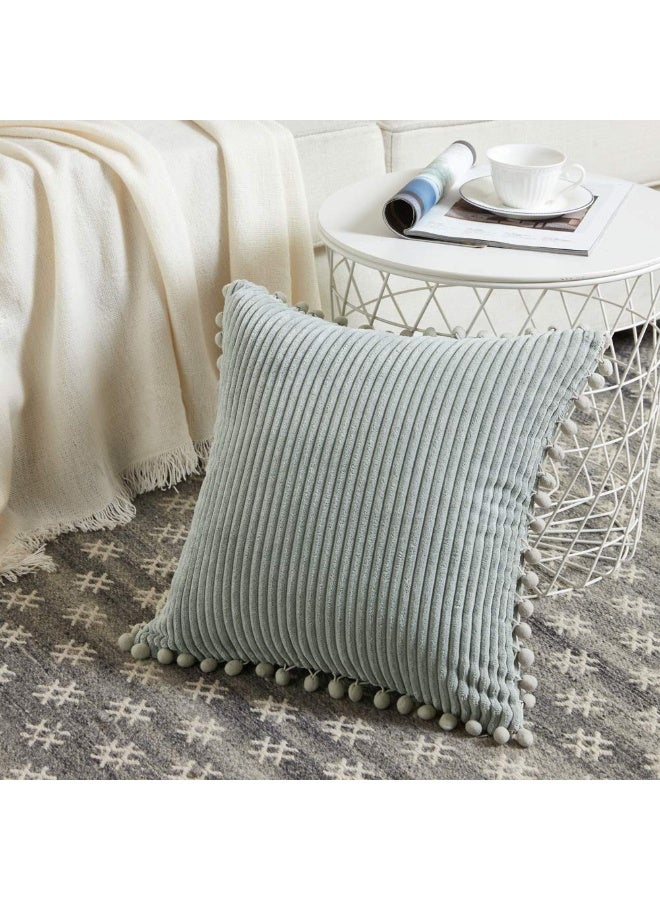 Pack of 2 Farmhouse Decorative Corduroy Throw Pillow Covers with Pom-poms, 18x18 Inch (45x45 cm), Grey - Image 4