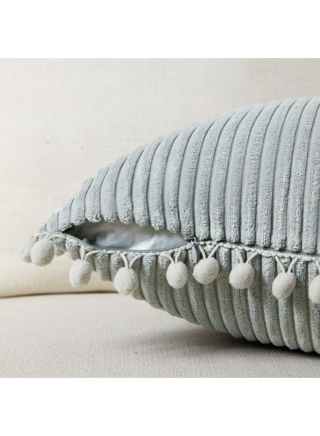Pack of 2 Farmhouse Decorative Corduroy Throw Pillow Covers with Pom-poms, 18x18 Inch (45x45 cm), Grey - Image 5