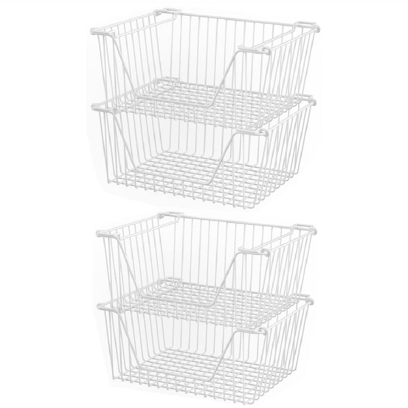 Slideep 14 Large Stackable Storage Baskets Cabinet Organizer Sturdy Metal Wire Pantry Freezer Bin for Pantry Home Bathroom Kitchen Organization White  4 Pack