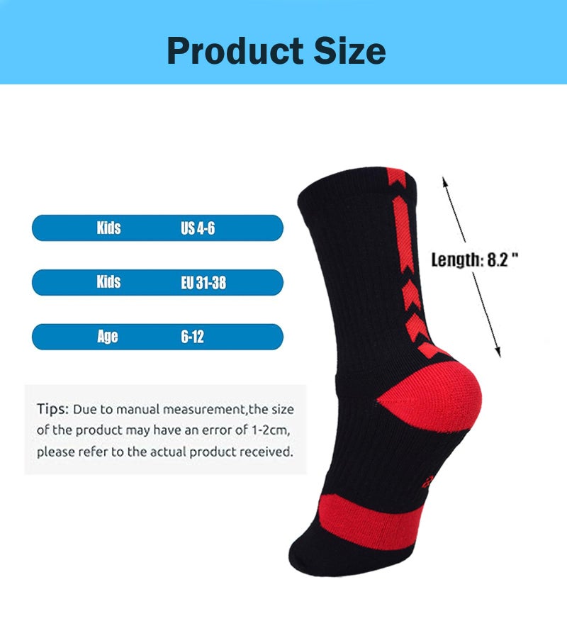 Popuid Youth Thick Basketball Socks for Boys - Cushioned Sports Compression Sock for Active Kids, Fits Ages 6-12 (Black & Red) - Image 3