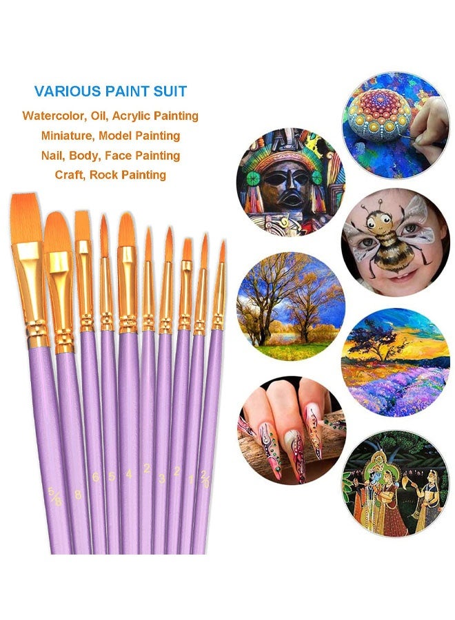 مجموعة من 10 فرش رسم فنية للرسم بالأكريليك، بمقبض خشبي ناعم ومريح، وشعيرات صناعية بأحجام وأشكال مختلفة، فرش ألوان مائية (بنفسجي) - Image 4