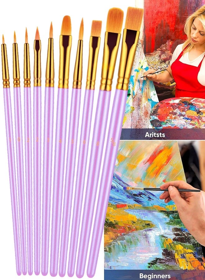 مجموعة من 10 فرش رسم فنية للرسم بالأكريليك، بمقبض خشبي ناعم ومريح، وشعيرات صناعية بأحجام وأشكال مختلفة، فرش ألوان مائية (بنفسجي) - Image 1