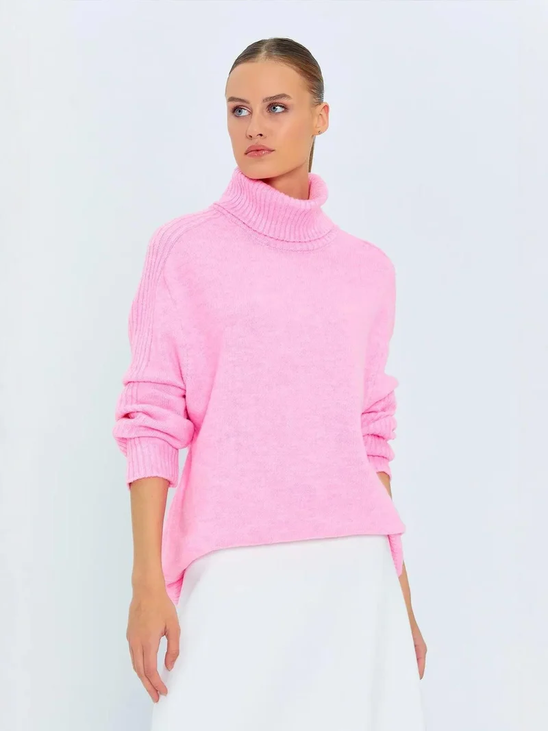Mixray Powder Pink Mixray Loose Fit Turtleneck Knit Sweater for Women | Best Price UAE