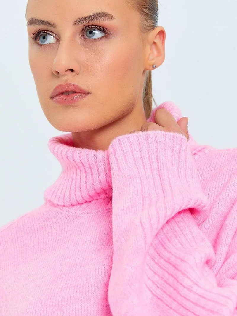 Mixray Powder Pink Mixray Loose Fit Turtleneck Knit Sweater for Women | Best Price UAE