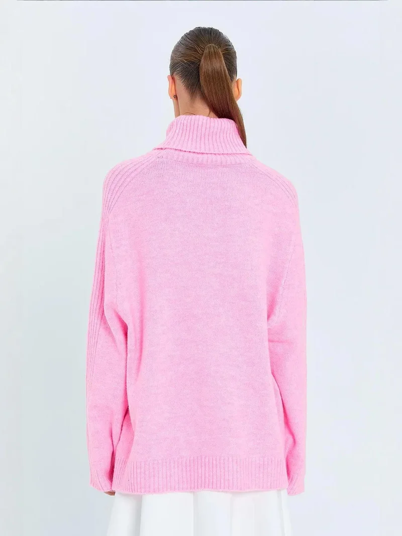 Mixray Powder Pink Mixray Loose Fit Turtleneck Knit Sweater for Women | Best Price UAE