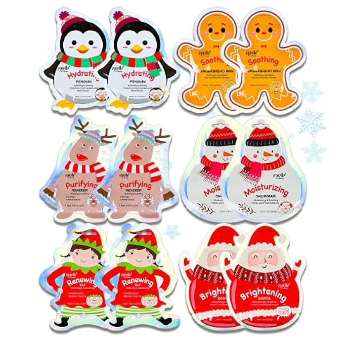 Epielle Holiday Character Face Mask 12 Pack, Fun & Effective Korean Skin Care, Spa Party Favors, Stocking Stuffers, Birthday Gifts for Women, Self Care Gifts - Image 1