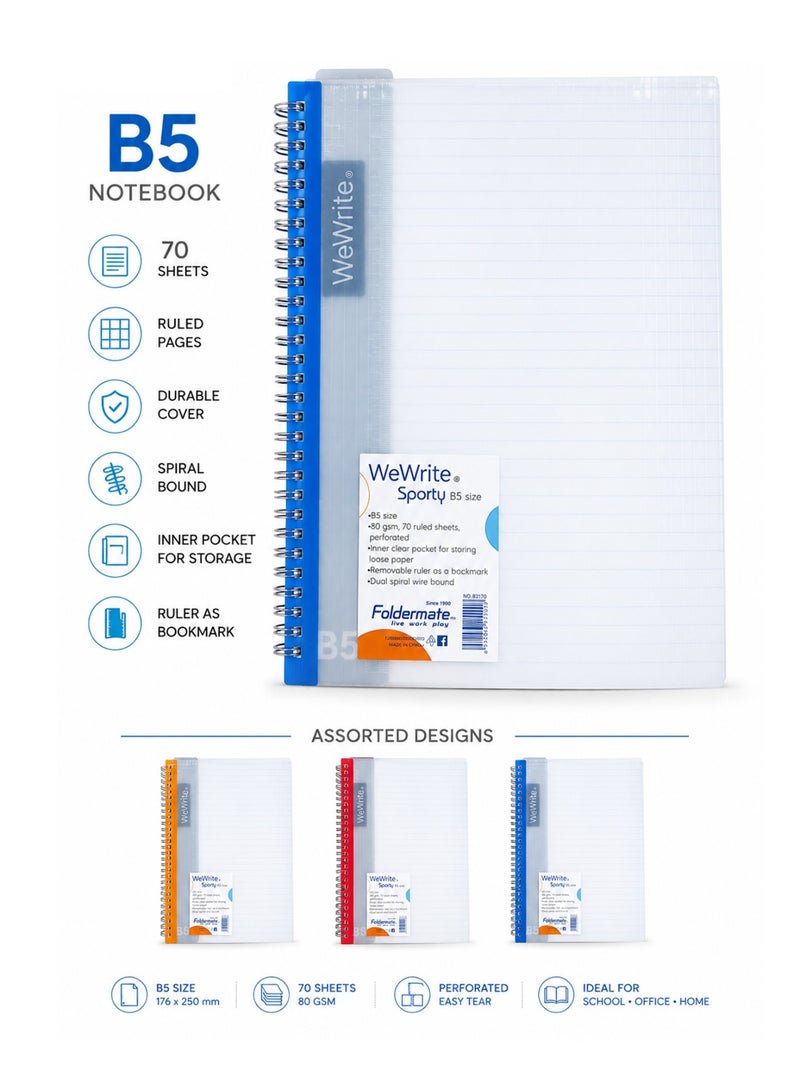 Foldermate 1-Piece B5 Size Spiral Lined Notebook 70 Sheets Assorted Colours - Image 1